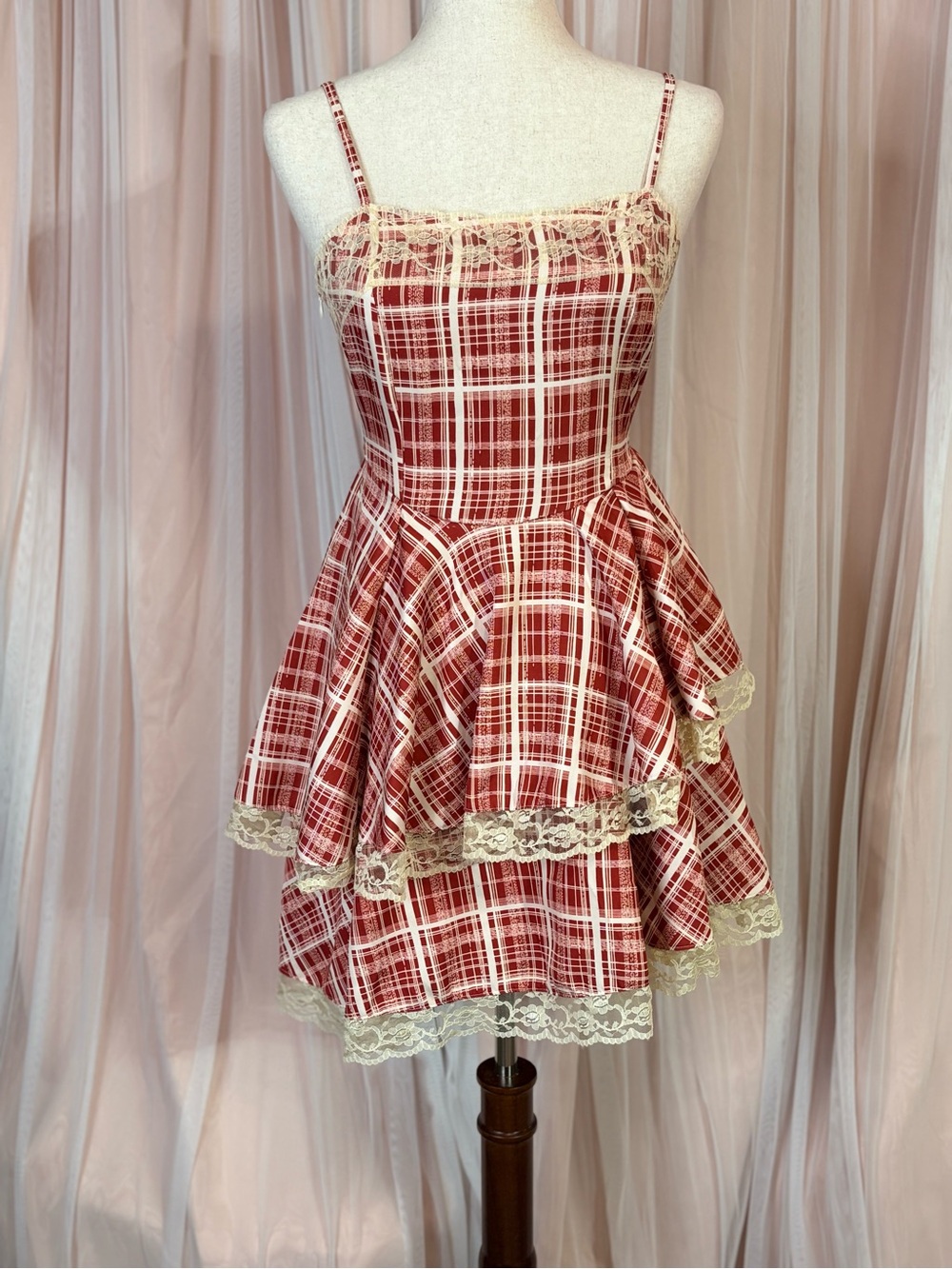 Red Plaid Lace Tiered Cottagecore Coquette Mini Dress Size M - Picture 3 of 16